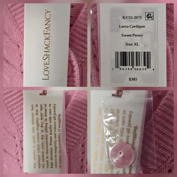 NWT LoveShackFancy Leota Wool Cashmere‎ Cardigan Pink Cable Knit Bow Sweater XL